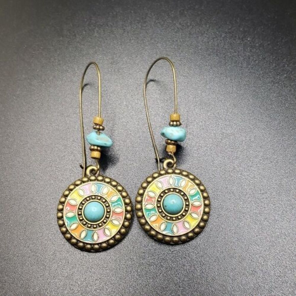 Boho bronze alloy turquoise mandala earrings